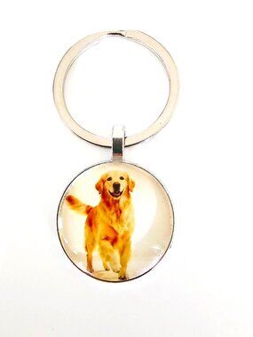 Golden Retriever Dog Keychain Round Glass Dome Cabochon Charm Gift Pet Lover